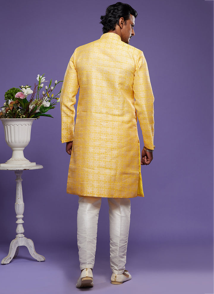 Yellow Banarasi Jacquard Indo Western | Elegant Festival Wear for Men