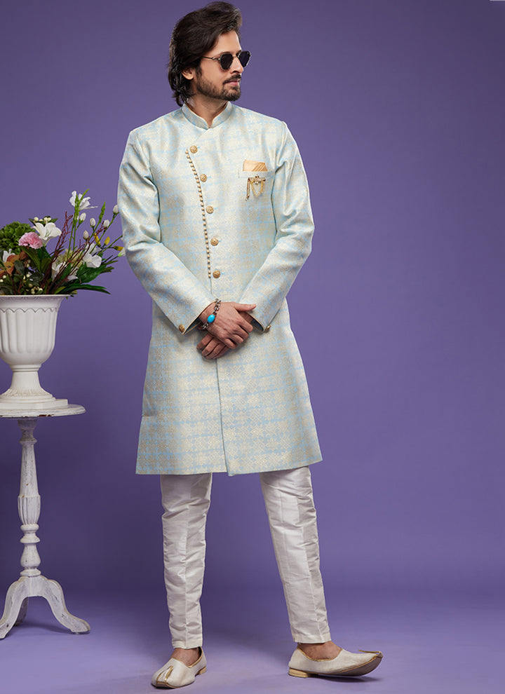 Light Sky Blue Banarasi Jacquard Indo Western | Elegant Festival Wear for Men