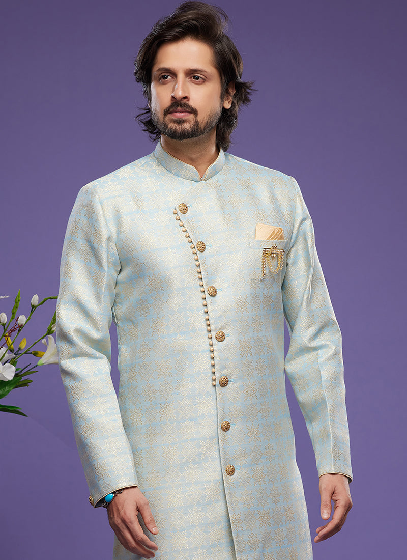 Light Sky Blue Banarasi Jacquard Indo Western | Elegant Festival Wear for Men