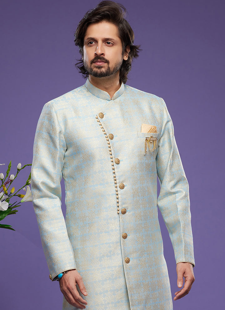Light Sky Blue Banarasi Jacquard Indo Western | Elegant Festival Wear for Men