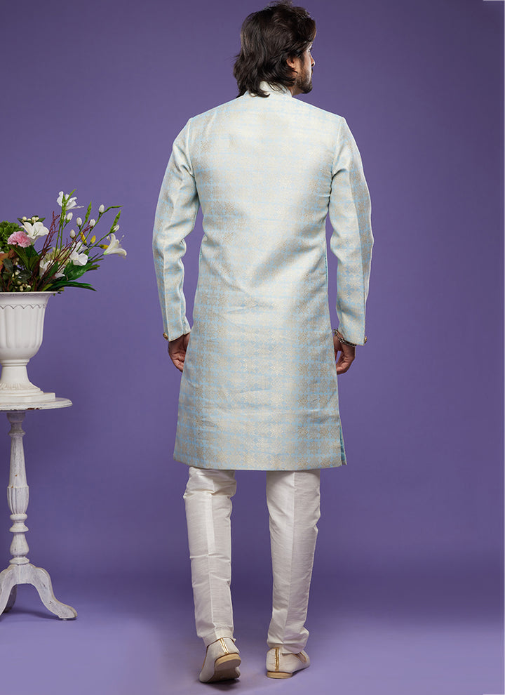 Light Sky Blue Banarasi Jacquard Indo Western | Elegant Festival Wear for Men