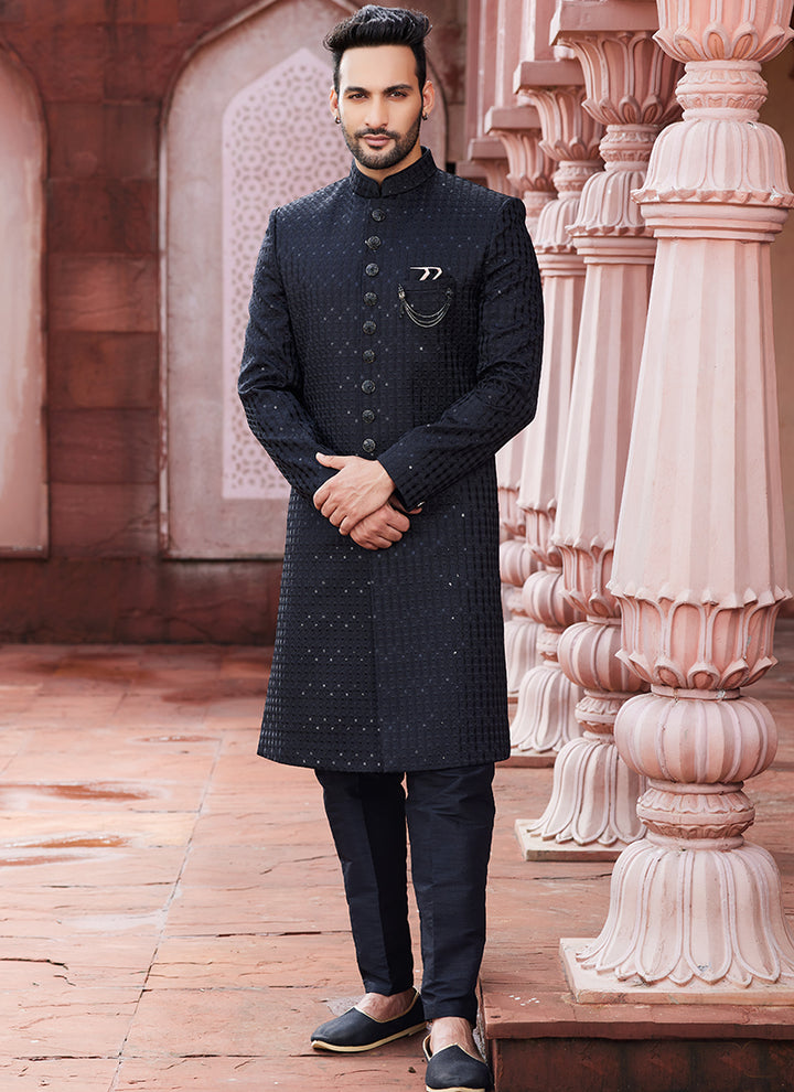 Black Art Silk Sherwani | Stylish Thread Work for Festive & Party Wear