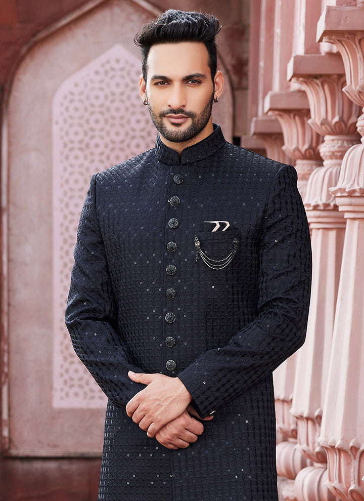 Black Art Silk Sherwani | Stylish Thread Work for Festive & Party Wear