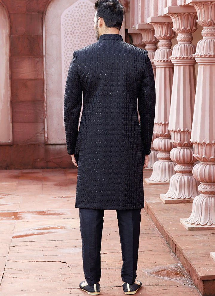 Black Art Silk Sherwani | Stylish Thread Work for Festive & Party Wear