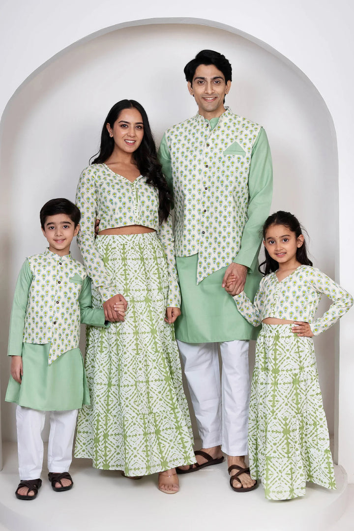 Sea Green Cotton Lehenga Choli with Matching Kurta Pyjama and Jacket Set - Family Twin Set