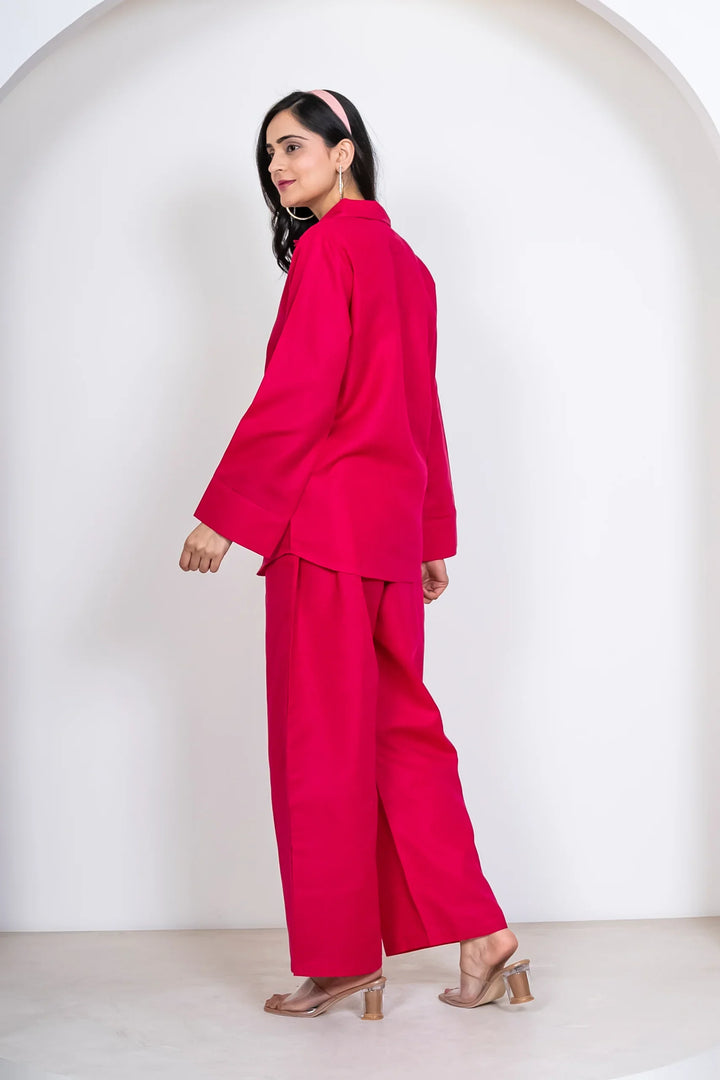 Fuchsia Pink Pant with Shirt Co ord Set for Women