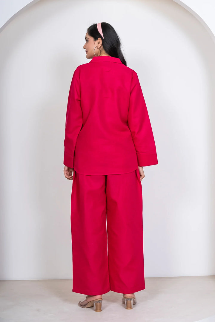 Fuchsia Pink Pant with Shirt Co ord Set for Women