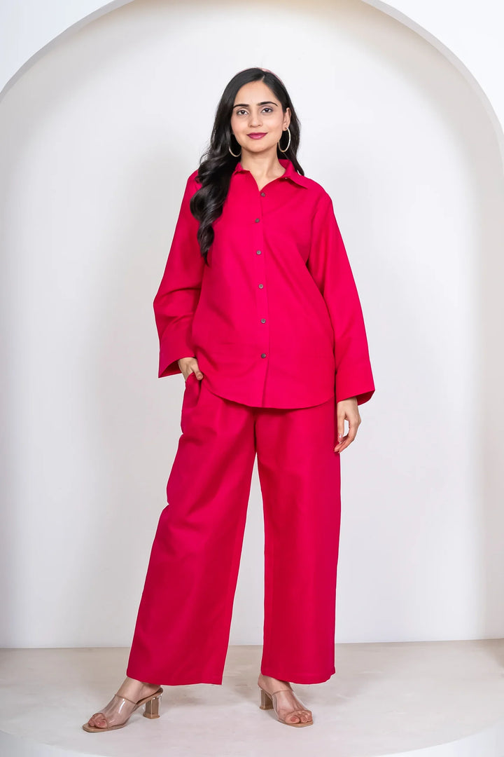 Fuchsia Pink Pant with Shirt Co ord Set for Women