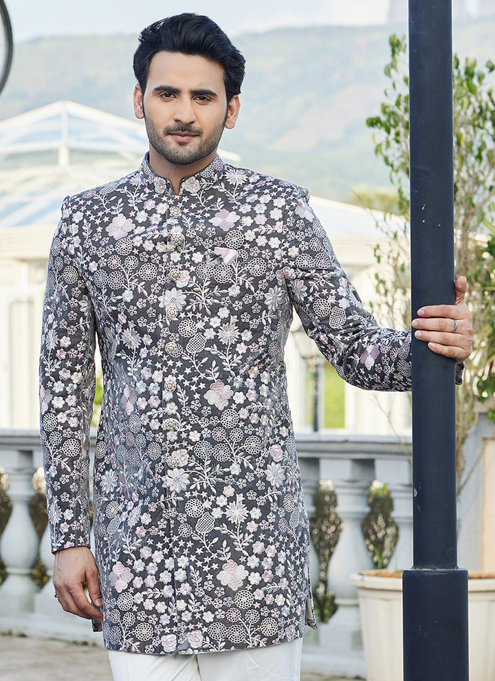Velvet Grey Readymade Jodhpuri Suit | Elegant Traditional Attire for Special Occasions