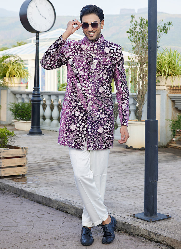 Velvet Mauve Readymade Jodhpuri Suit | Traditional Attire for Special Occasions