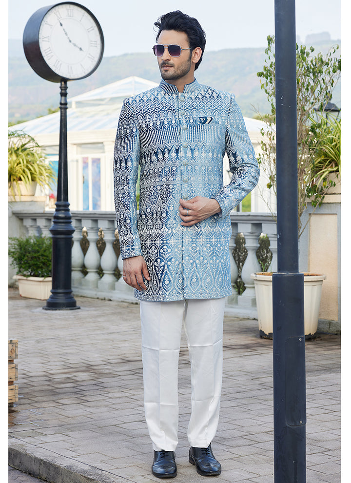 Velvet Teal Blue Jodhpuri Suit | Elegant Traditional Attire for Wedding Wear