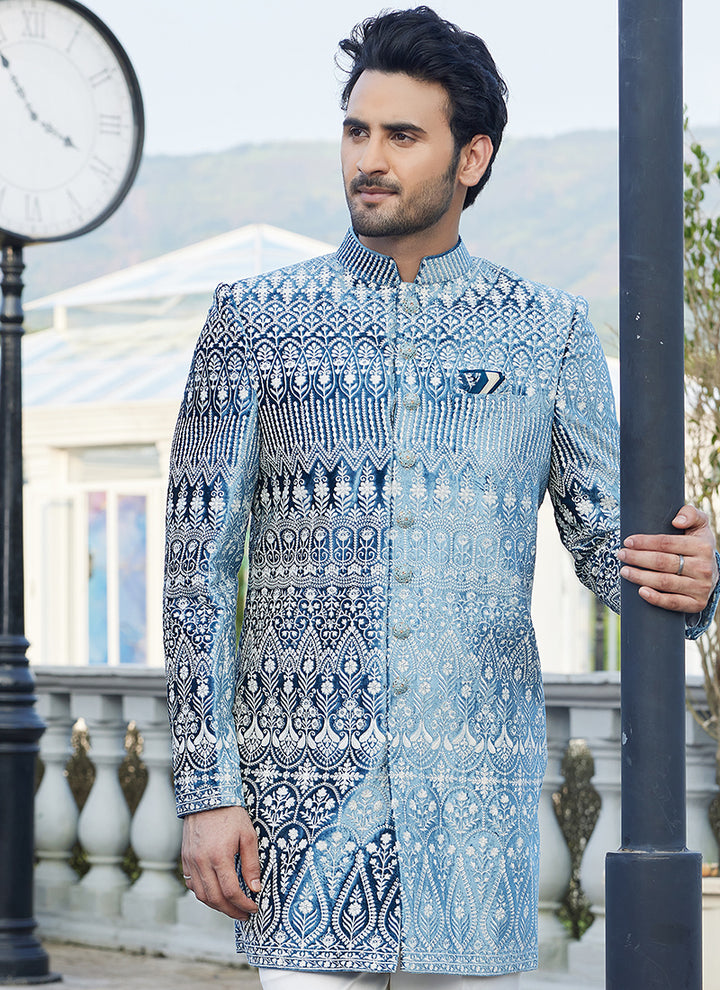 Velvet Teal Blue Jodhpuri Suit | Elegant Traditional Attire for Wedding Wear