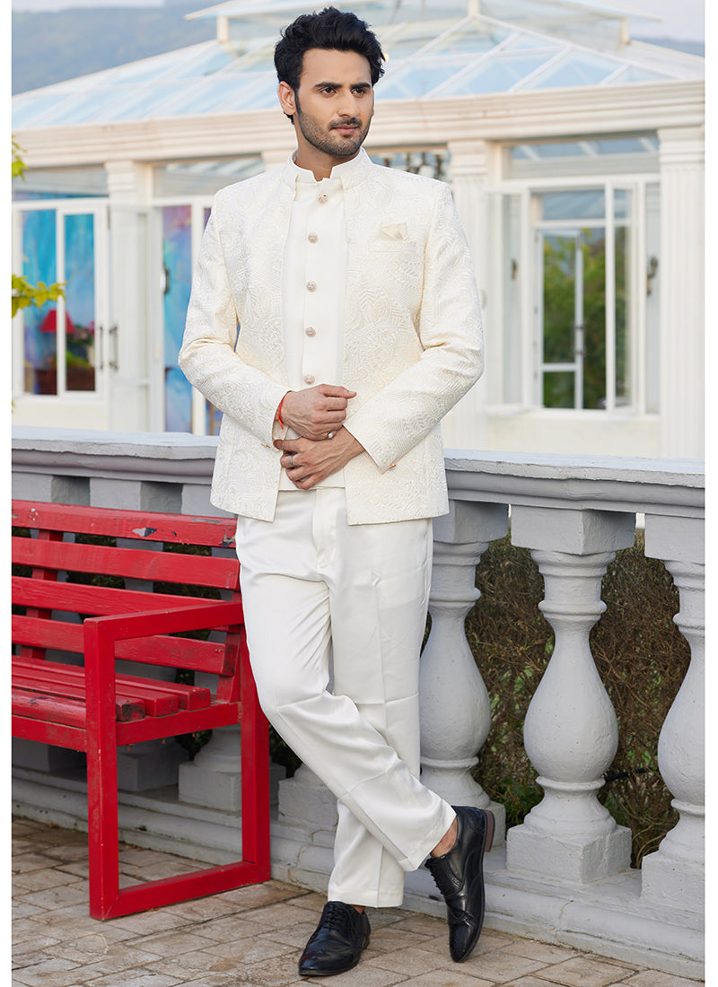 Art Silk Cream Readymade Jodhpuri | Traditional Attire for Festive & Events