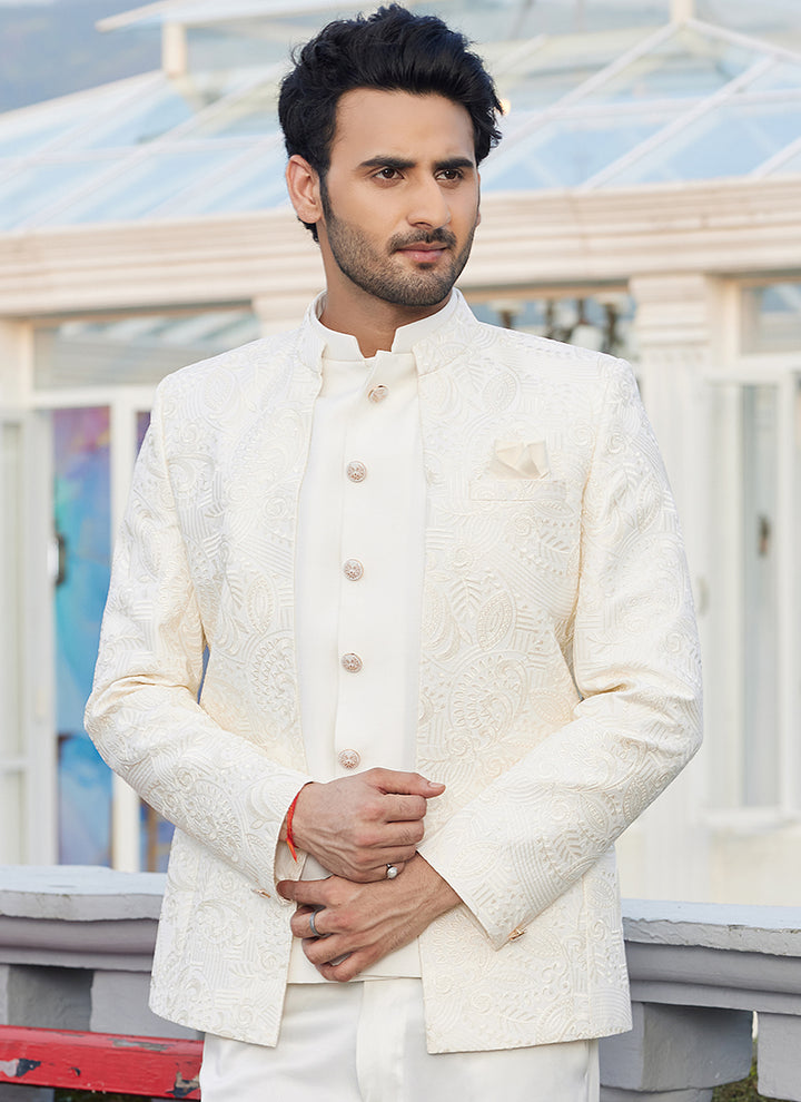Art Silk Cream Readymade Jodhpuri | Traditional Attire for Festive & Events