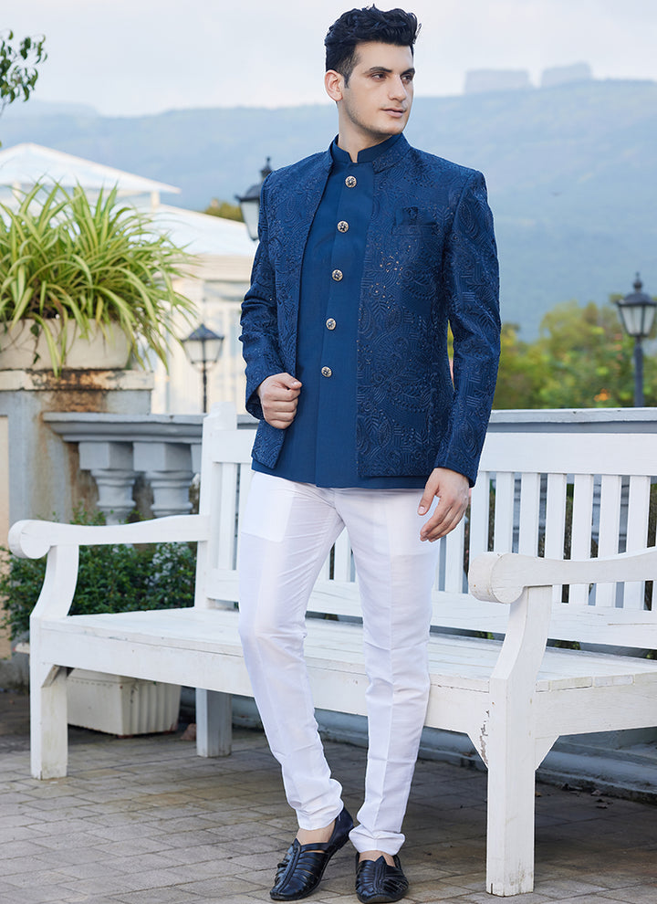 Art Silk Blue Wedding Wear Jodhpuri Suit | Elegant Traditional Attire for Special Occasions