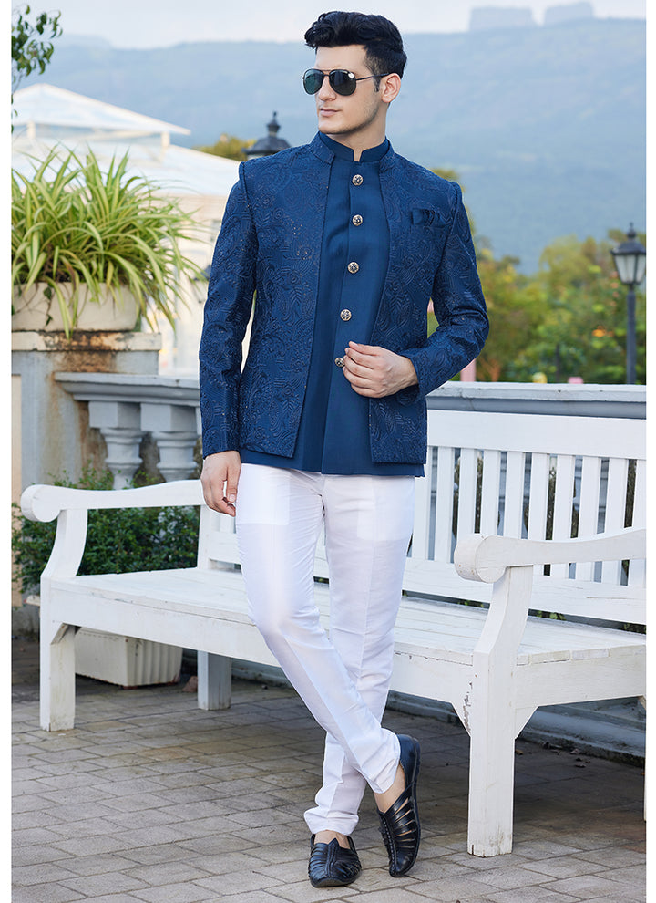 Art Silk Blue Wedding Wear Jodhpuri Suit | Elegant Traditional Attire for Special Occasions