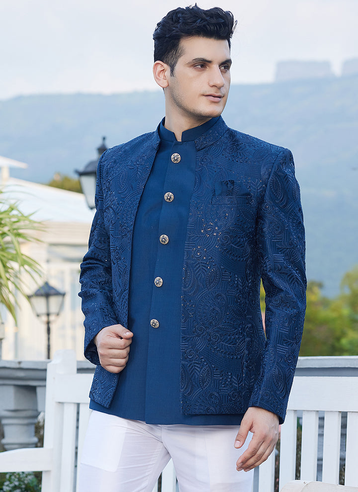 Art Silk Blue Wedding Wear Jodhpuri Suit | Elegant Traditional Attire for Special Occasions