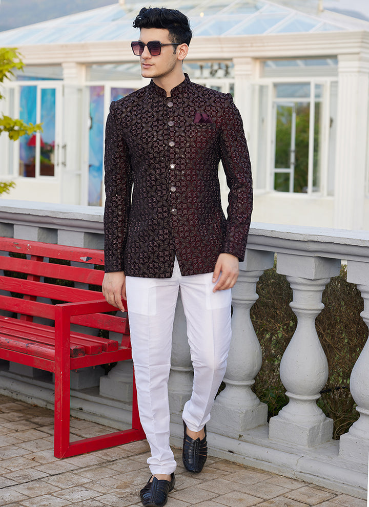 Art Silk Wine Wedding Wear Jodhpuri | Elegant Traditional Attire for Special Occasions