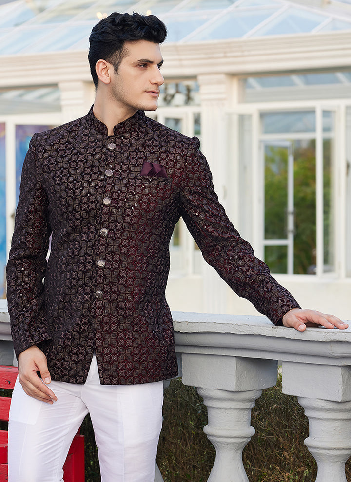 Art Silk Wine Wedding Wear Jodhpuri | Elegant Traditional Attire for Special Occasions