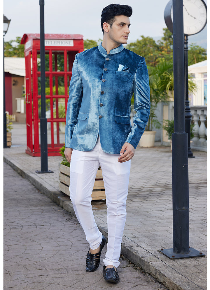 Velvet Teal Blue Readymade Jodhpuri Suit | Elegant Traditional Attire for Special Occasions