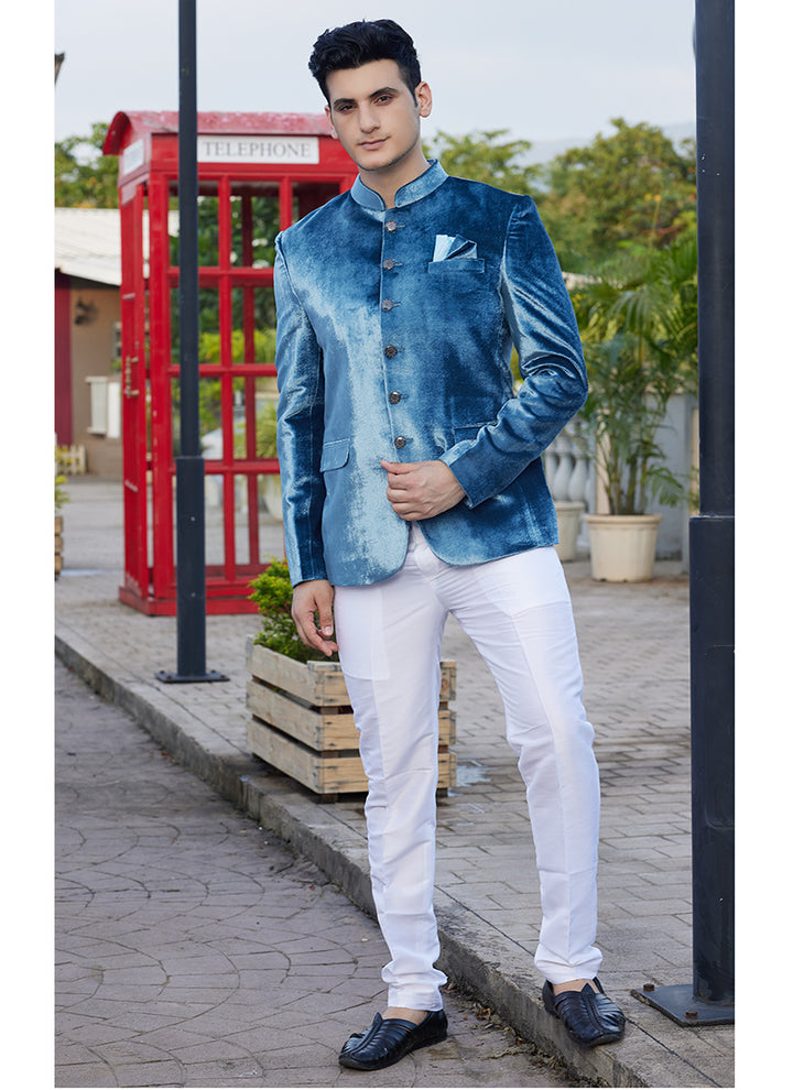 Velvet Teal Blue Readymade Jodhpuri Suit | Elegant Traditional Attire for Special Occasions