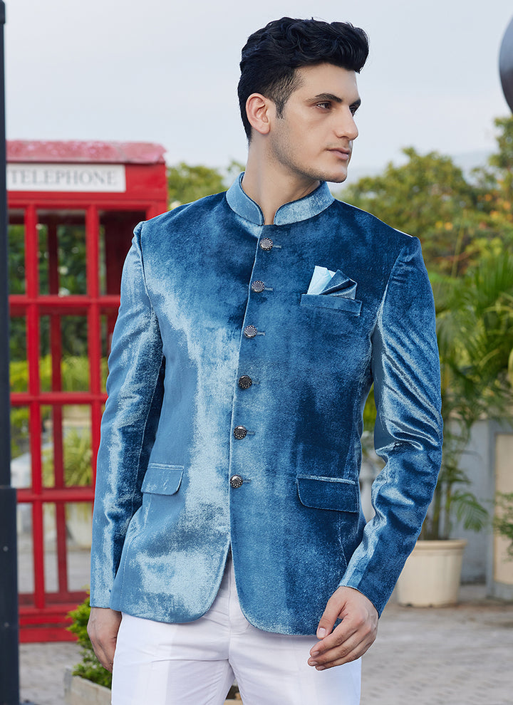 Velvet Teal Blue Readymade Jodhpuri Suit | Elegant Traditional Attire for Special Occasions