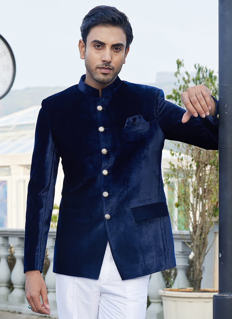 Velvet Navy Blue Party Wear Jodhpuri | Elegant Traditional Attire for Special Occasions