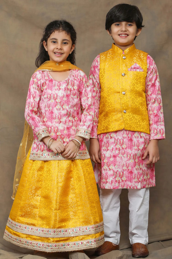 Sunny Yellow and Fuchsia floral Brocade Brother and Sister Twin Set