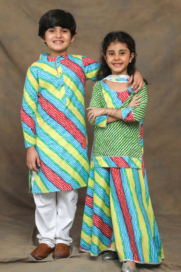 Vibrant Green And Multicolored Leheriya Brother and Sister Twin Set