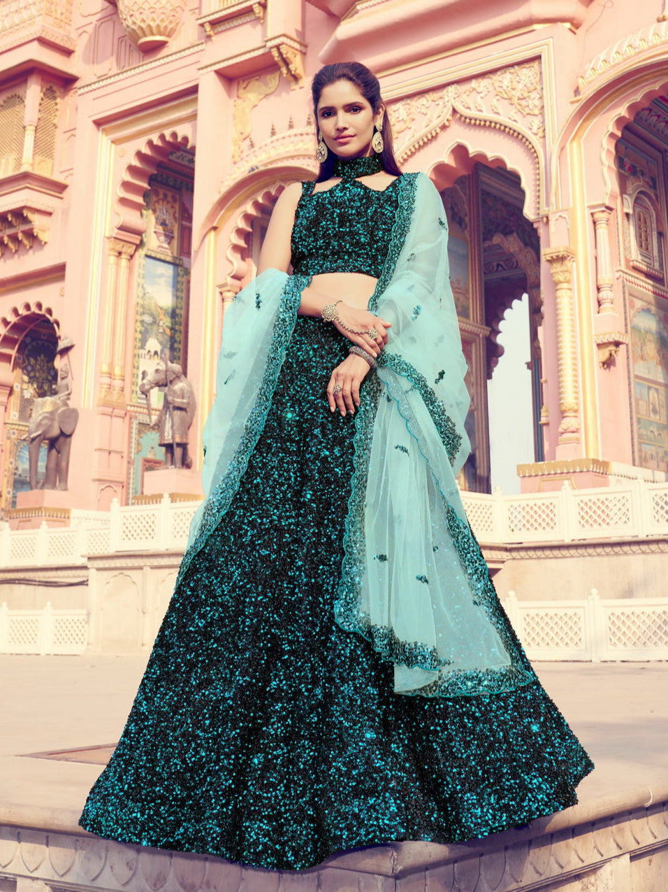 Black & Green Sequin Lehenga for Women | Party Wear Lehenga Choli