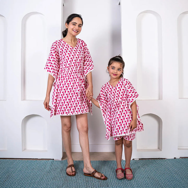 Stylish Holiday Wear: Matching Outfits for Mom and Daughter - White and Red Cotton Kaftan and Shorts Set