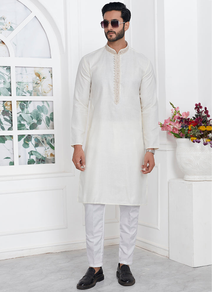 Traditional Wear Kurta Pajama | Linen Cotton Stylish Thread Work Pattern