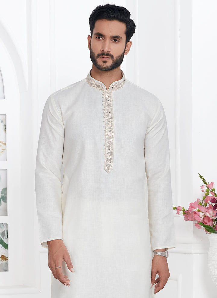 Traditional Wear Kurta Pajama | Linen Cotton Stylish Thread Work Pattern