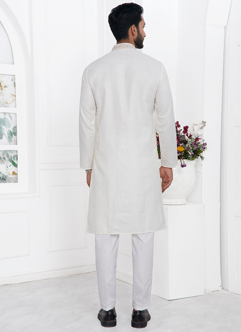 Traditional Wear Kurta Pajama | Linen Cotton Stylish Thread Work Pattern