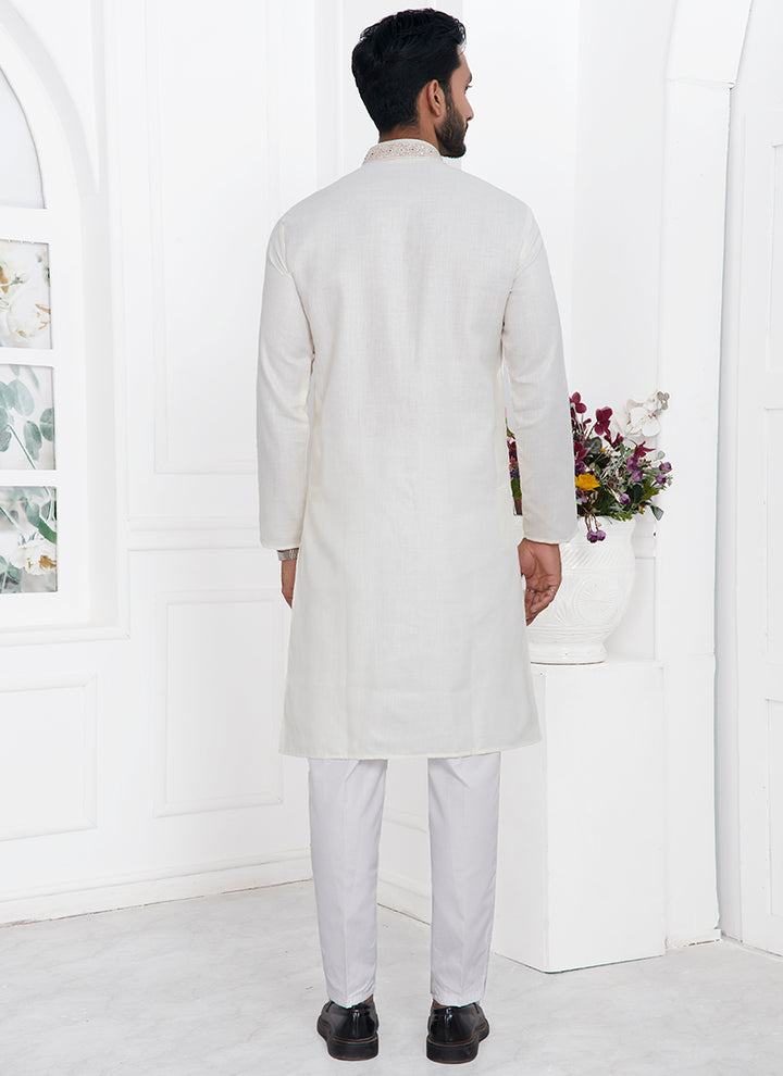 Traditional Wear Kurta Pajama | Linen Cotton Stylish Thread Work Pattern