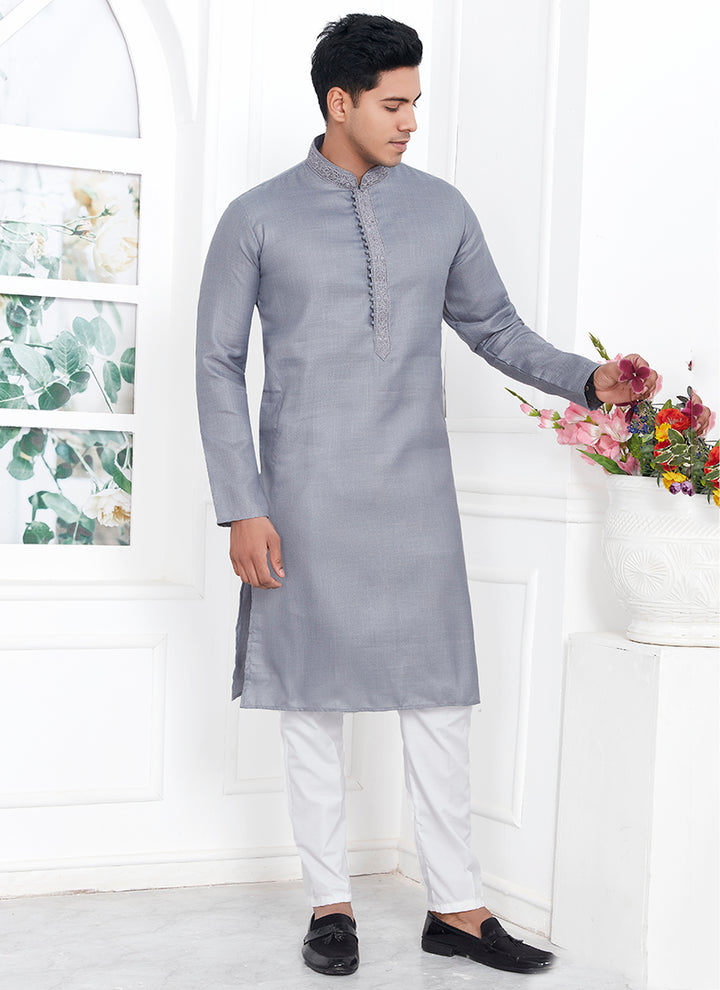 Traditional Wear Kurta Pajama | Linen Cotton Stylish Thread Work Pattern