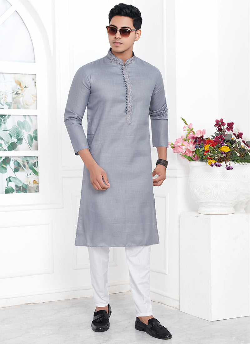 Traditional Wear Kurta Pajama | Linen Cotton Stylish Thread Work Pattern