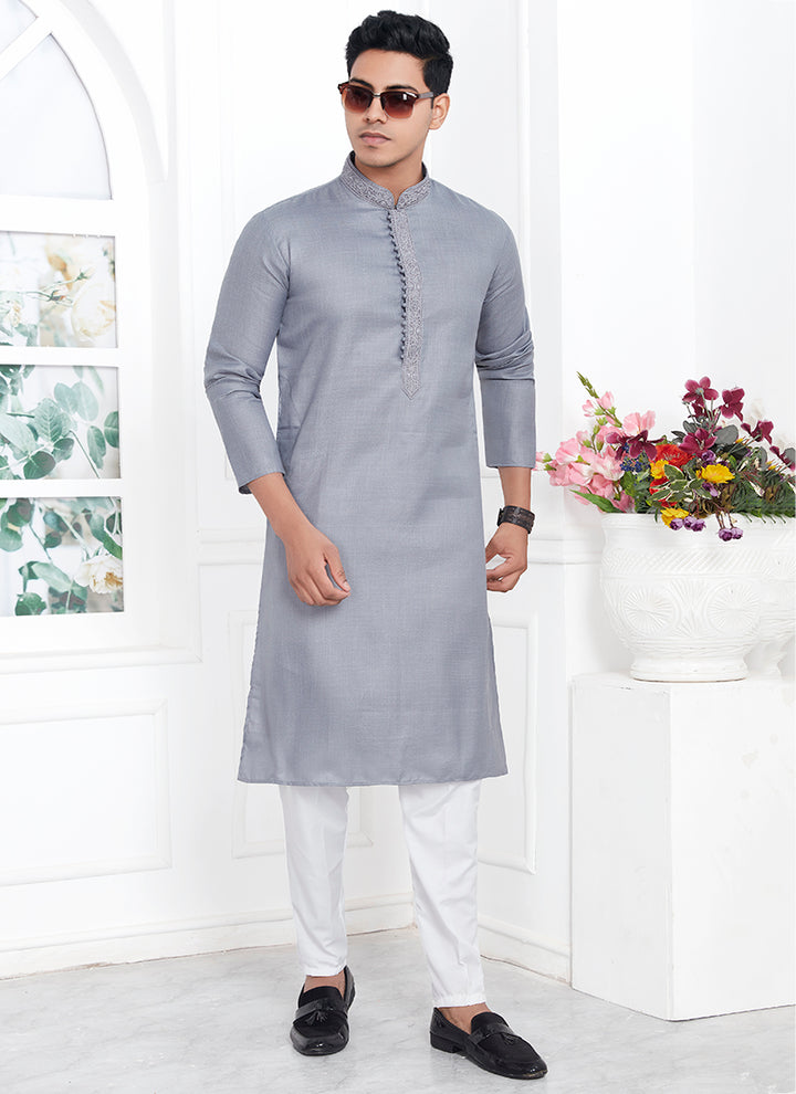 Traditional Wear Kurta Pajama | Linen Cotton Stylish Thread Work Pattern