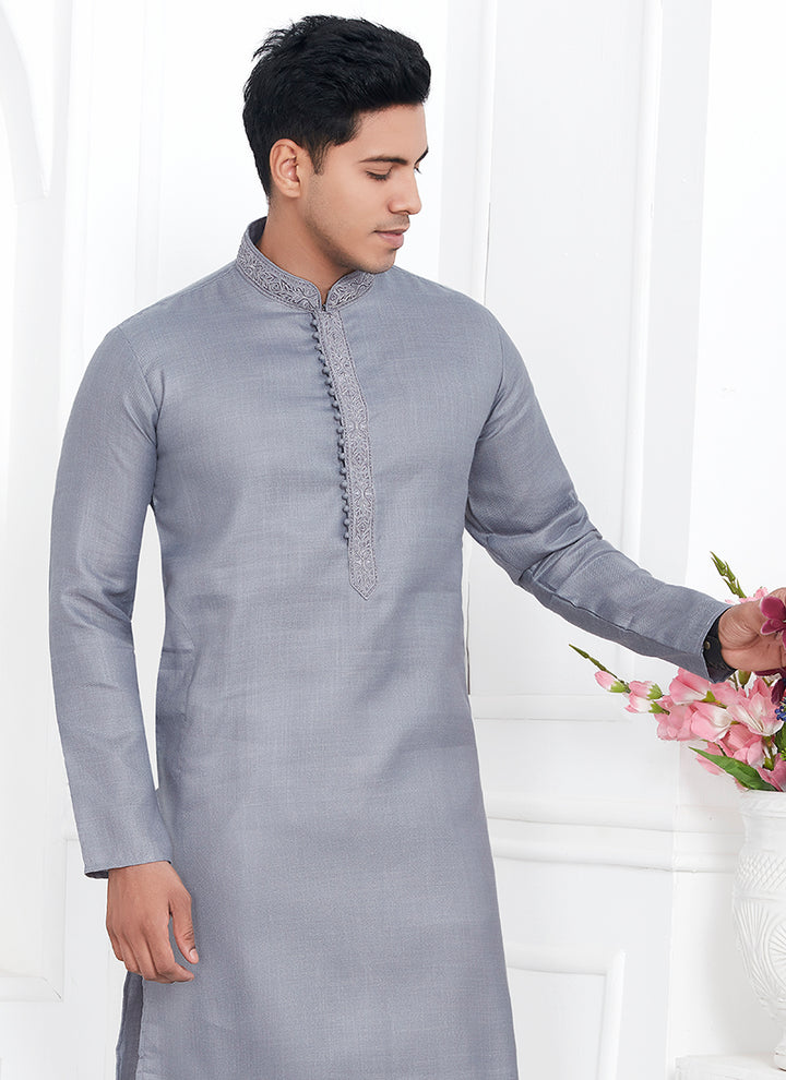 Traditional Wear Kurta Pajama | Linen Cotton Stylish Thread Work Pattern