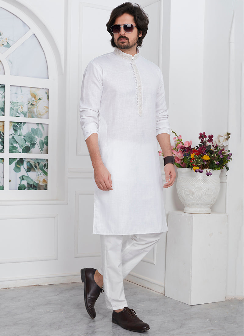 Traditional Wear Kurta Pajama | Linen Cotton Stylish Thread Work Pattern