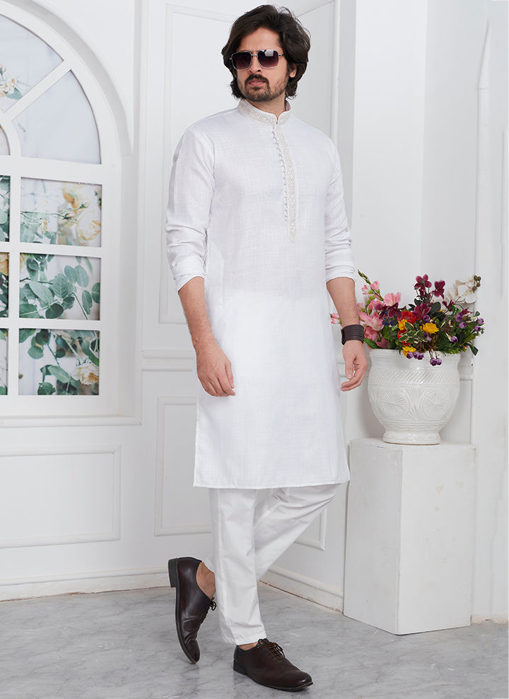 Traditional Wear Kurta Pajama | Linen Cotton Stylish Thread Work Pattern