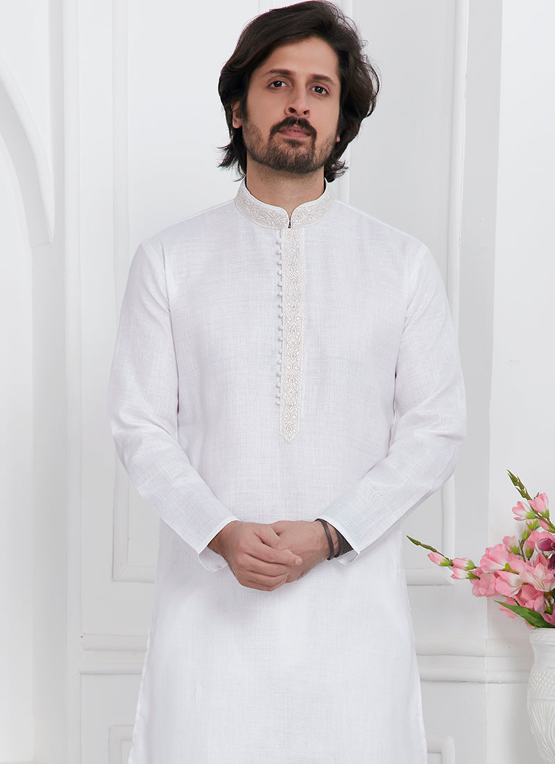 Traditional Wear Kurta Pajama | Linen Cotton Stylish Thread Work Pattern