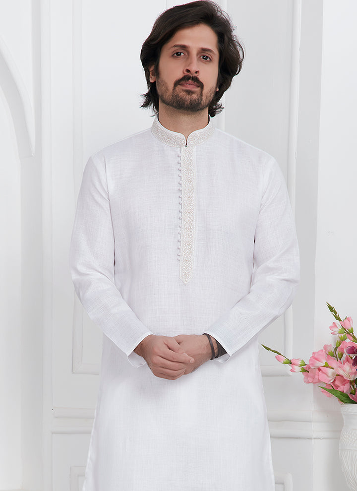 Traditional Wear Kurta Pajama | Linen Cotton Stylish Thread Work Pattern