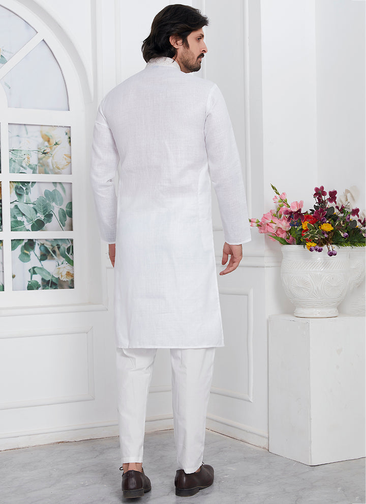 Traditional Wear Kurta Pajama | Linen Cotton Stylish Thread Work Pattern