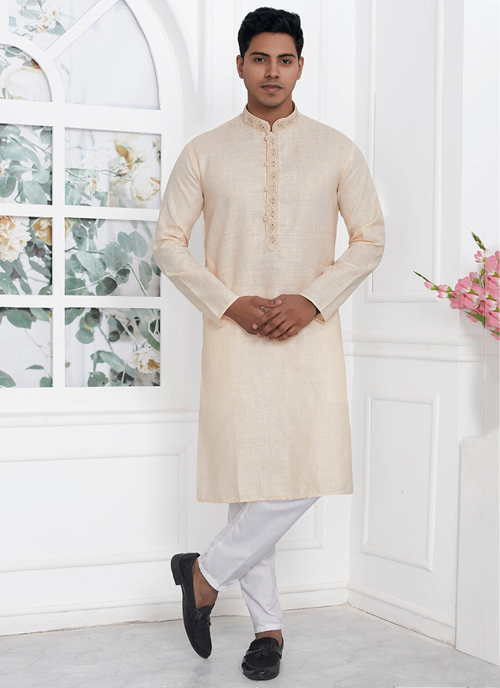 Traditional Wear Kurta Pajama | Linen Cotton Stylish Thread Work Pattern