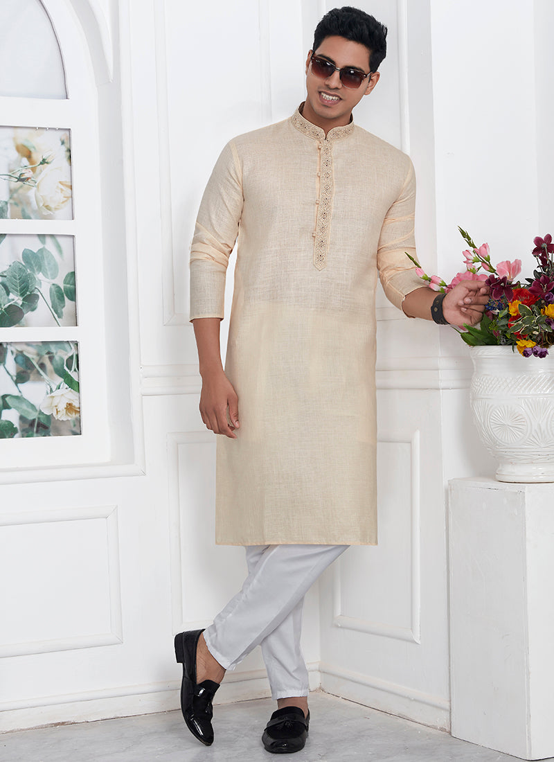 Traditional Wear Kurta Pajama | Linen Cotton Stylish Thread Work Pattern