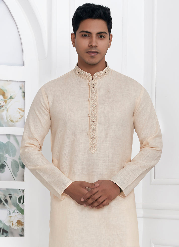 Traditional Wear Kurta Pajama | Linen Cotton Stylish Thread Work Pattern