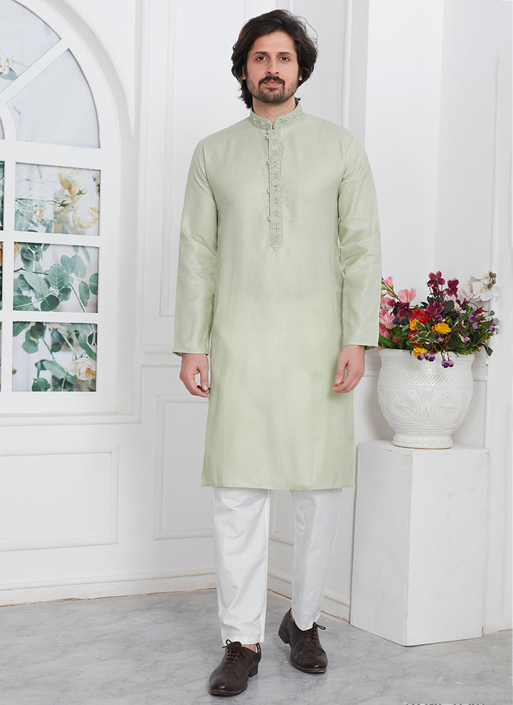 Traditional Wear Kurta Pajama | Linen Cotton Stylish Thread Work Pattern
