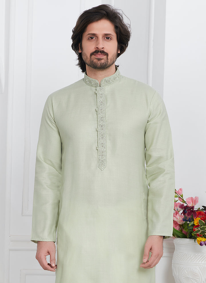 Traditional Wear Kurta Pajama | Linen Cotton Stylish Thread Work Pattern