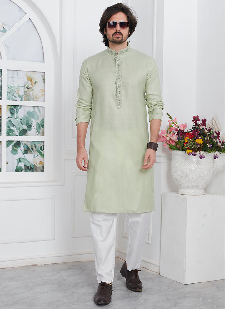 Traditional Wear Kurta Pajama | Linen Cotton Stylish Thread Work Pattern